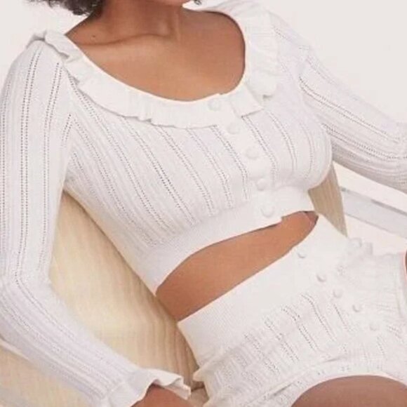 For Love & Lemons XS Camille Pointelle Knit Ruffle Crop Cardigan Top Sweater - Picture 3 of 16